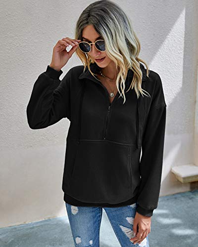 PRETTYGARDEN Women's Casual Long Sleeve Sweatshirt Half Zip Pullover Tops - color: Black, size: X-Large