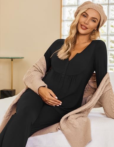 Ekouaer Maternity Nursing Pajama Set Long Sleeve Postpartum Pjs Mom Clothes - color: Black, size: XX-Large