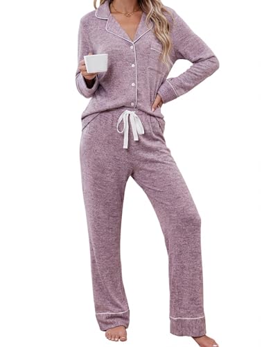 Leikar Button Up Pajama Set For Women Long Sleeve Shirt And Pajama Pants Soft Pjs Lounge Sets - color: A-thickened Pink, size: Small