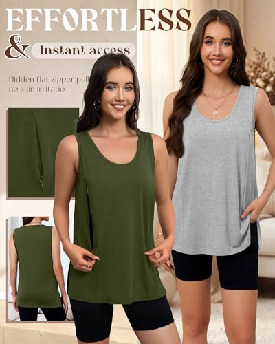 Ficerd 3 Pack Women's Oversized Nursing Tank Tops with Zipper - color: Army Green, Light Gray, Black, size: Medium