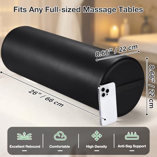 Full Round Bolster Pillow, 26" x 9" PU Leather Massage Table Bolster - color: 9“ Full Round - Black