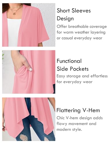 AusLook Women's Plus Size Short Sleeve Cardigan Sweater with Pockets 1X-5X - color: K09-pink, size: 3X