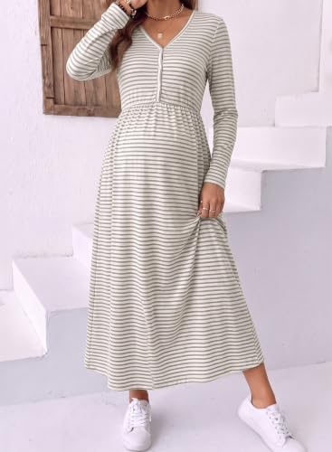 BLENCOT Maternity Dress V Neck Long Sleeve Striped Button Down Maxi Dresses - color: Grey, size: Small