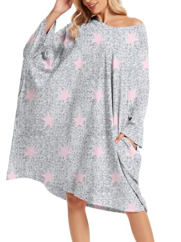 CRIPOM Plus Size Moo Moos for Women Oversized Sleep Shirts with Pockets - color: Grey Pink Star