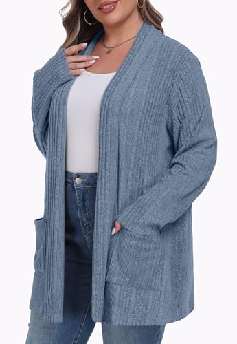 OLRIK Womens Plus Size Cardigan Loose Outwear with Pockets - color: C-blue, size: 3X