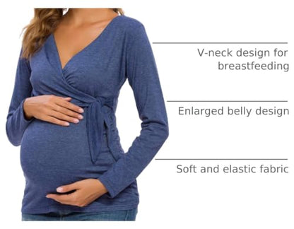 Glampunch Maternity Shirts Short & Long Sleeve Wrap Maternity Tops - color: 15-navy, size: Small