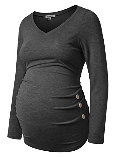 GINKANA Maternity Shirt Long Sleeve Basic Top Ruch Sides Buttons Tshirt for Pregnant - color: Dark Grey, size: Small