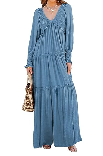 R.Vivimos Long Sleeve V Neck Flowy Maxi Dresses for Women - color: Blue, size: Medium