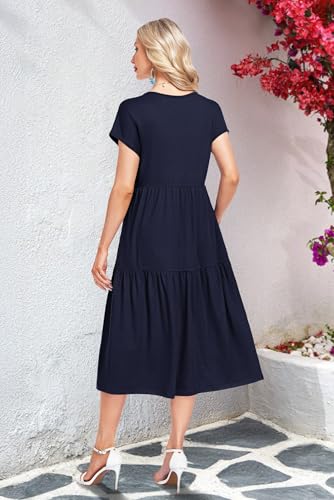 WNEEDU Women's Summer Midi Dress V Neck Swing Tiered with Pockets - color: Navy Blue, size: X-Large