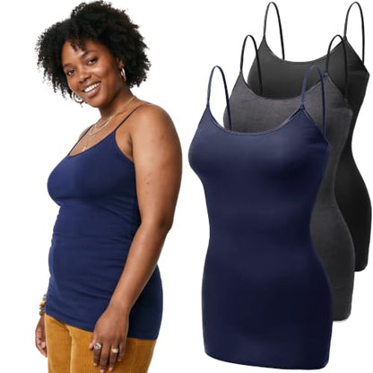 Emmalise Women's Basic Casual Long Camisole Adjustable Strap Cami Layering Top - color: 3pk - Black, Hth Charcoal, Navy, size: 3X-Large