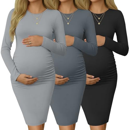 Riyiper 3 Pack Women's Long Sleeve Maternity Dresse - color: Black, Light Gray, Dark Gray, size: XX-Large