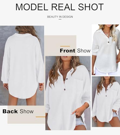 Astylish Women Waffle Knit Tops Henley Shirts - color: White, size: Medium