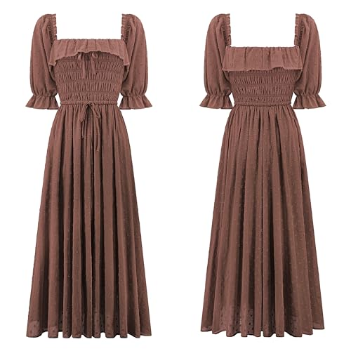 R.Vivimos Women Summer Cotton A Line Flowy Long Dresses - color: Brown#2, size: Large
