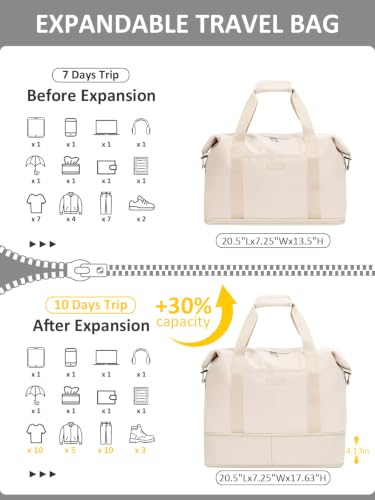 Capolo Expandable Travel Duffle Bag Weekender Overnight Bags for Women Men - color: Off-white, size: Large