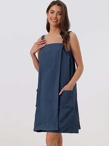 cheibear Women Terry Towel Dress Wrap Bathrobe with Pockets Headband - color: Navy, size: Medium