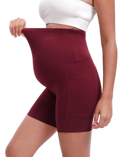Siimcuzy 4 Pack Women's Maternity Shorts with Pockets Over the Belly - color: 2 Black 1 Heather Grey 1 Wine, size: Medium