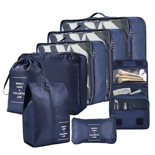 Packing Cubes for Travel, 8 Set Luggage Organizer Bags Travel Cubes for Packing Compression Luggage Cubes for Suitcase Carry on Travel Essentials with Laundry & Toiletry Bag（navy） - color: navy