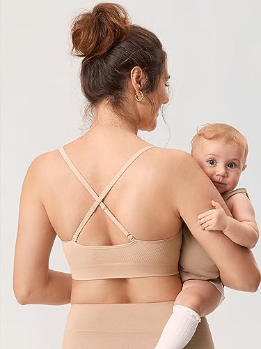 MOMANDA Ribbed Nursing Bras for Breastfeeding - color: Beige, size: X-Large