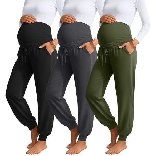 3 Pack Womens Maternity Pants Loose Pregnancy Joggers - color: Army Green, Dark Gray, Black, size: Small
