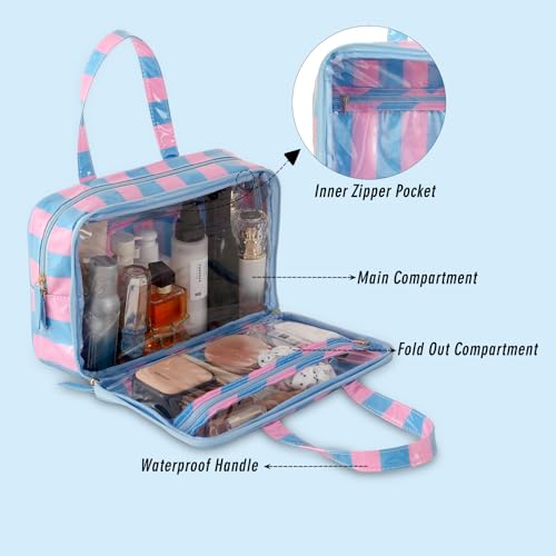 Toiletry Bag for Women, Pink and Blue Stripe - color: Pink-Blue