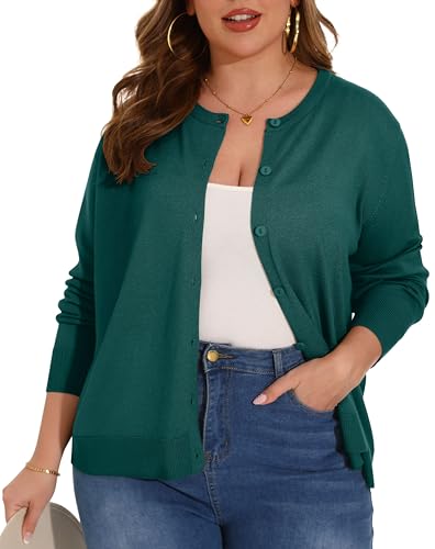 OLRIK Plus Size Long Sleeve Crewneck Cardigan Classic Fall Knit - color: Cyan, size: 1X