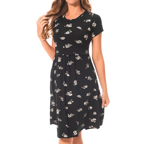 Bearsland Women's Short Sleeves Maternity Dress Nursing Breastfeeding Dresses with Pockets - color: Blackwhitef, size: Medium
