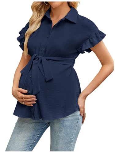MakeMeChic Women's Maternity Nursing Work Blouse Pregnancy Ruffle Tops - color: Royal Blue, size: X-Large