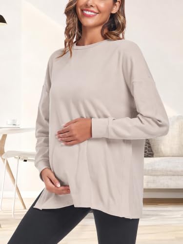 Ecavus Women's Maternity Shirts Long Sleeve Side Split Pregnancy Top - color: Apricot, size: X-Large