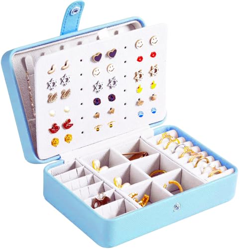 QBestry All-in-One Travel Jewelry Organizer for Women Blue | Small Jewelry Box with 68 Earring Holes | Compact Portable Jewelry Case for Earrings, Rings, Necklaces | Perfect Gifts for Mom Wife Girls - color: Blue, size: Small