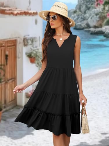 Summer Dresses for Women 2026 Flowy Casual Boho Midi Sun Dress with Pockets - color: Solid-black, size: Medium