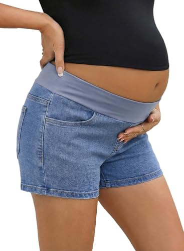 BLENCOT Maternity Jean Shorts Denim Pregnancy Classic Pockets Pregnancy - color: Myosotis, size: Large