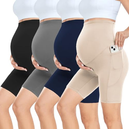 CTHH 4 Pack Soft Maternity Biker Shorts Over Belly with Pockets 8" - color: 03- Black/Grey/Navy/Light Apricot, size: Small