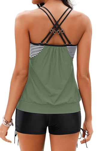 Holipick Womens 2 Piece Tankini Swimsuit Blouson Tummy Control Bathing Suit - color: Army Green Striped, size: X-Small