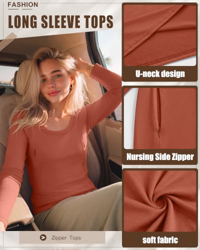 3 Pack Women's Long Sleeve Nursing Tops - color: Pumpkin, Gray Green, Dark Gray, size: Medium