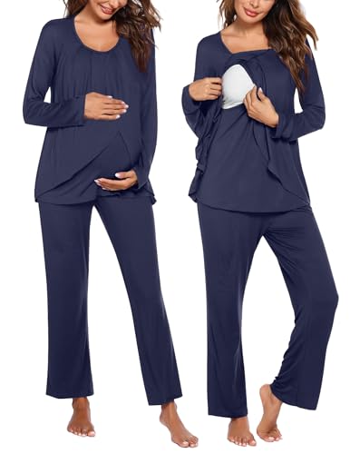 Ekouaer Maternity Nursing Pajama Set Long Sleeve Breastfeeding Sleepwear - color: Navy Blue, size: X-Large