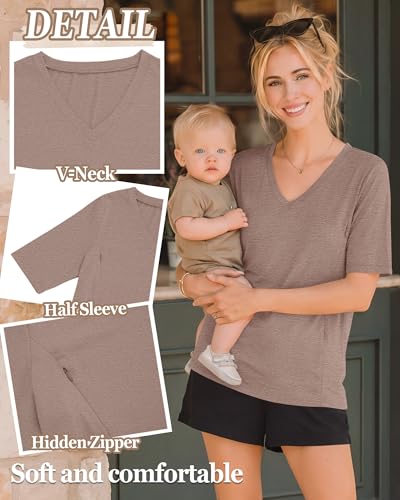 4 Pack Women Nursing Shirts Breastfeeding Tops - color: Light Camel, Coffee, Cream, Grey Green, size: Medium