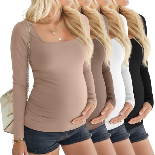 4 Pcs Womens Maternity Long Sleeve Square Neck Shirts - color: Khaki, Coffee, White, Black, size: Small