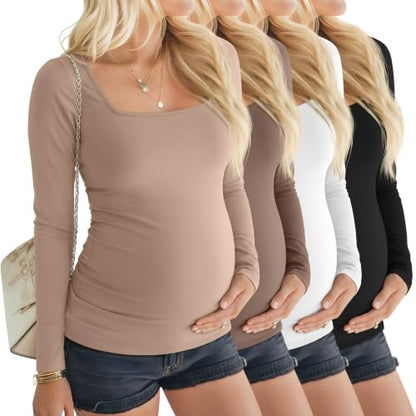 4 Pcs Womens Maternity Long Sleeve Square Neck Shirts - color: Khaki, Coffee, White, Black, size: Small