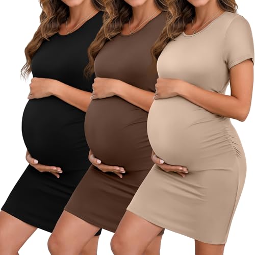 Riyiper 3 Pack Womens Maternity Short Sleeve Dresses - color: Black, Coffee, Khaki, size: XX-Large