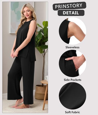 PrinStory Womens Pajamas Sets Sleeveless Pjs Set S-4XL - color: Black, size: 4X-Large