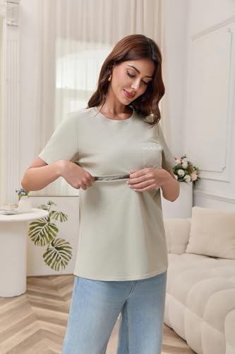 Zipper Breastfeeding Shirts for Women Distressed Maternity Tees with Pocket - color: Celadon Green, size: Medium