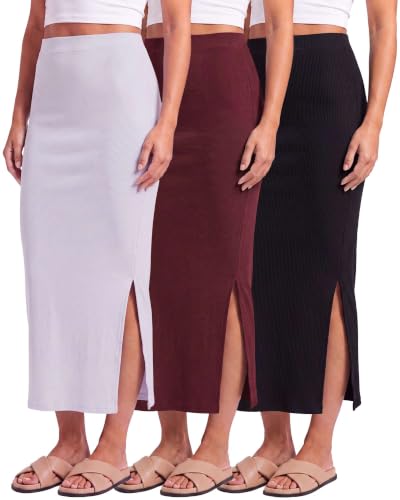 3 Pack Women's Ribbed Maxi Long Skirts High Waisted with Side Slit Pencil - color: Set 1, size: Medium