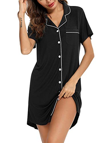 Senert Nightgowns for Women Button Down Sleeve Sleep Shirt Night Gowns - color: Black, size: X-Large