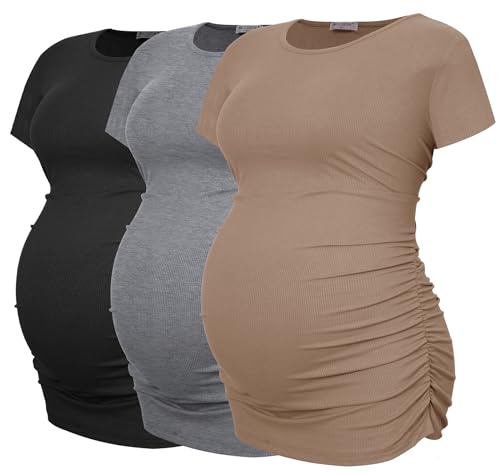 Smallshow Women's Ribbed Ruched Maternity Shirts 3 Packs - color: Black-brown-light Grey(3 Pack), size: X-Large