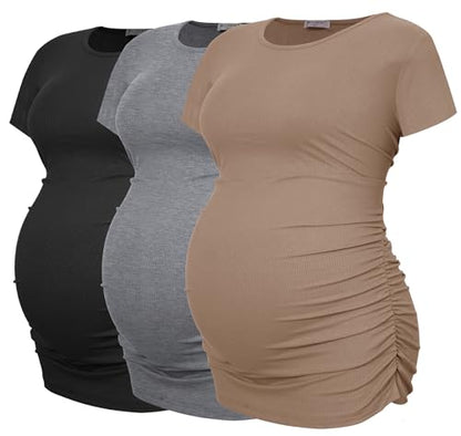 Smallshow Women's Ribbed Ruched Maternity Shirts 3 Packs - color: Black-brown-light Grey(3 Pack), size: X-Large