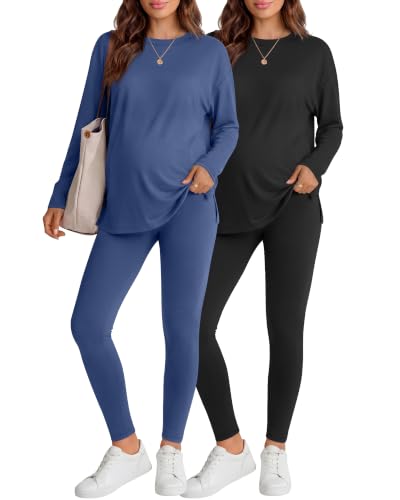 Neer 2 Pack Maternity Pajama Sets 2 Piece Outfits - color: Haze Blue, Black, size: X-Large
