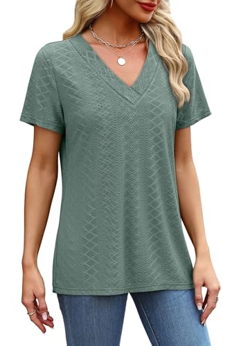 SAMPEEL Women's Eyelet Crossed V Neck Short Sleeve T-Shirt - color: Classic Green, size: 3X-Large