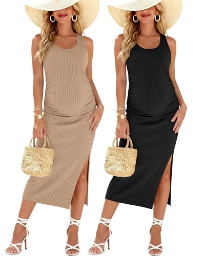 2 Pack Womens Split Long Maternity Dress - color: Light Khaki, Black, size: Small