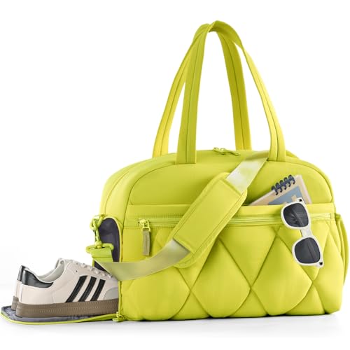 Women's Duffle Gym Bag, Carry-On Shoe Compartment for Weekender Overnight - color: Neon Lime, size: Medium