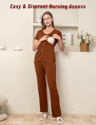SUNNYBUY Womens Maternity Nursing Pajamas Set 3 Piece Breastfeeding PJS - color: Brown, size: Large